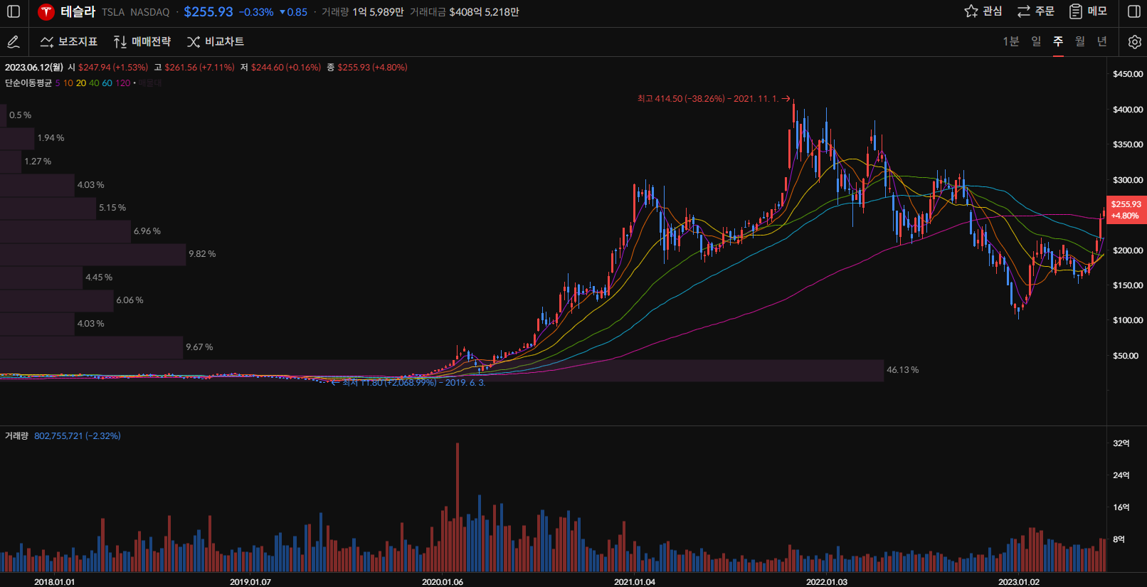 테슬라 주가 주봉