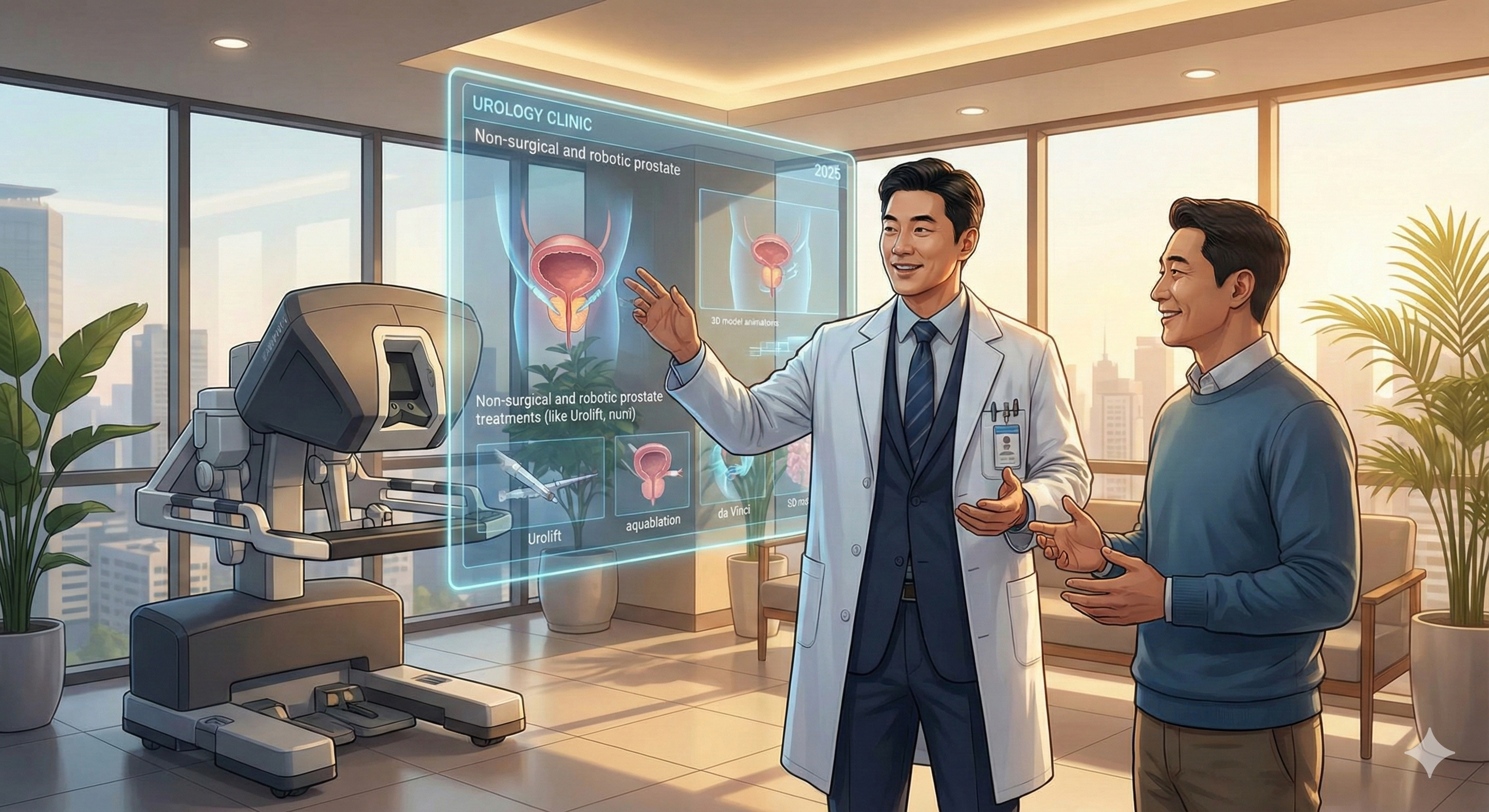 강남의 미래 지향적인 비뇨의학과에서 의사가 환자에게 전립선 비대증의 비수술 및 로봇 수술 치료법을 설명하는 모습. 희망적이고 전문적인 분위기.