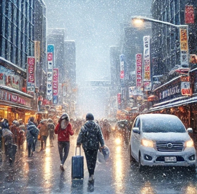 도시의 눈 이 오는 거리를 걷는 사람들의 모습