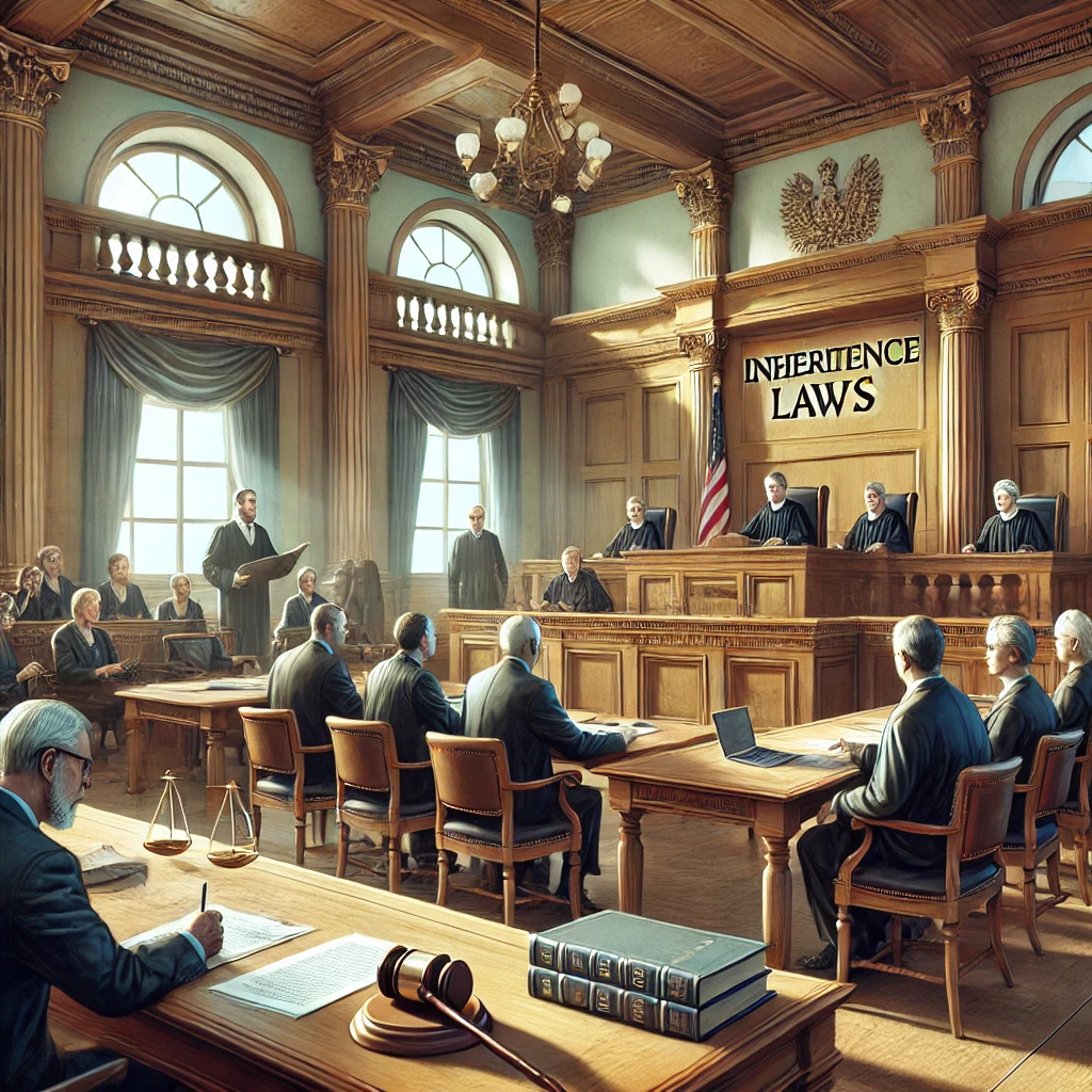 판사와 변호사들이 법정에서 상속법에 대해 논의하는 장면, 사실적인 스타일