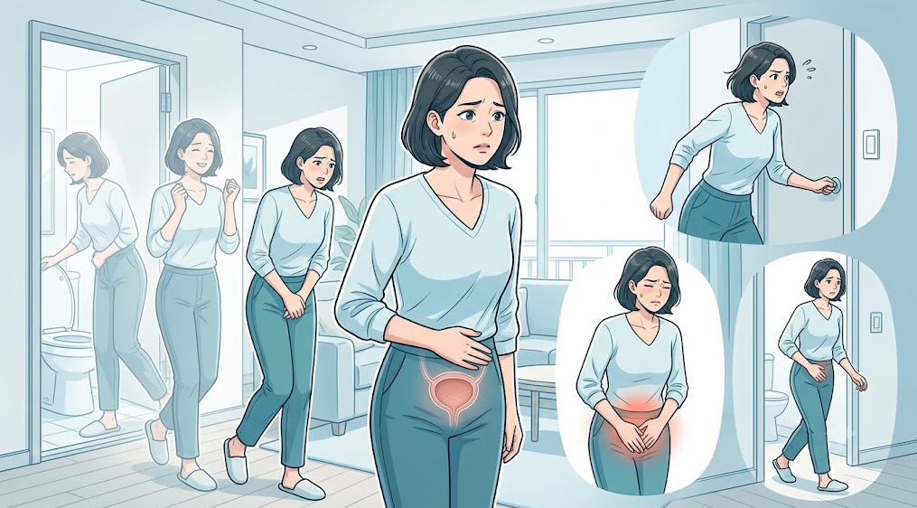 적은 소변량으로 화장실을 자주 찾는 빈뇨 증상과 요절박, 배뇨통, 잔뇨감이 동반된 생활 장면 일러스트