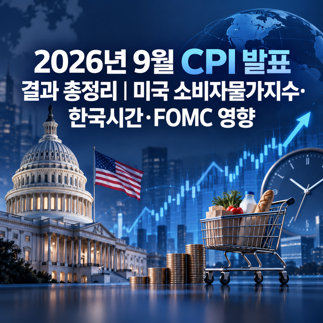 2026년 9월 미국 CPI 발표 결과와 소비자물가지수, 한국시간, FOMC 영향을 상징하는 미국 국회의사당&middot;상승 그래프&middot;장바구니&middot;동전&middot;시계 인포그래픽 이미지