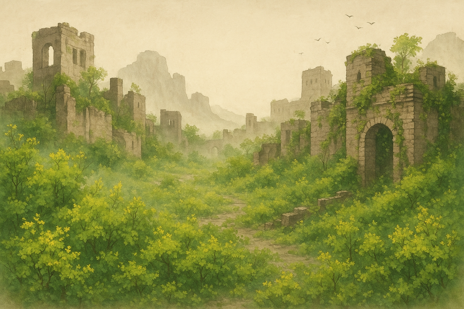 폐허가 된 도시 무성한 풀들만 가득