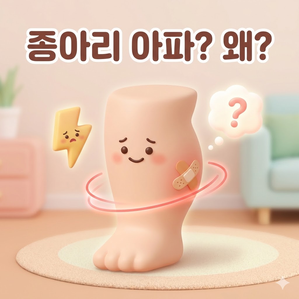 반창고를 붙인 귀여운 종아리 캐릭터가 걱정스러운 표정을 짓고 있으며, 주변에 통증 원인을 상징하는 요소들과 '종아리 아파? 왜?'라는 한글 텍스트가 있는 3D 카툰 일러스트.