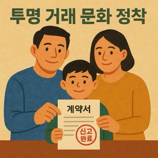 신고 완료 도장이 찍힌 계약서를 든 가족의 미소 일러스트