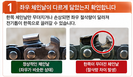 좌우 체인날이 다르게 닳았는지 확인합니다