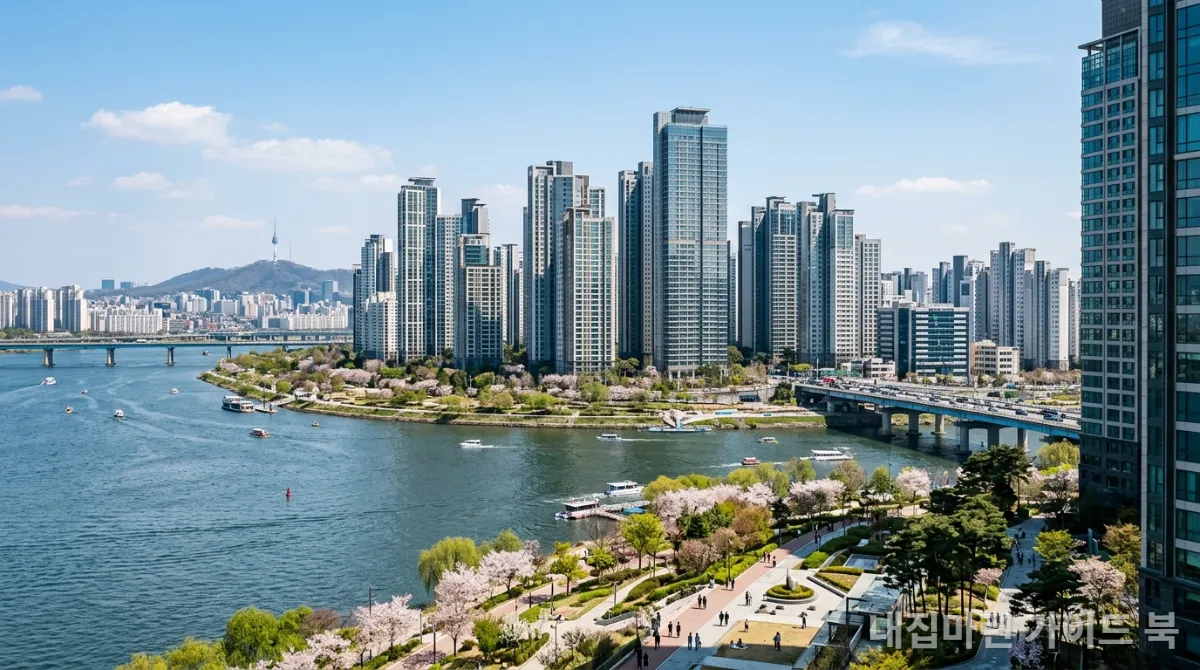 서울 강남과 같은 핵심 지역의 고급 아파트와 제한된 공급을 상징하는 밀집된 주거 환경