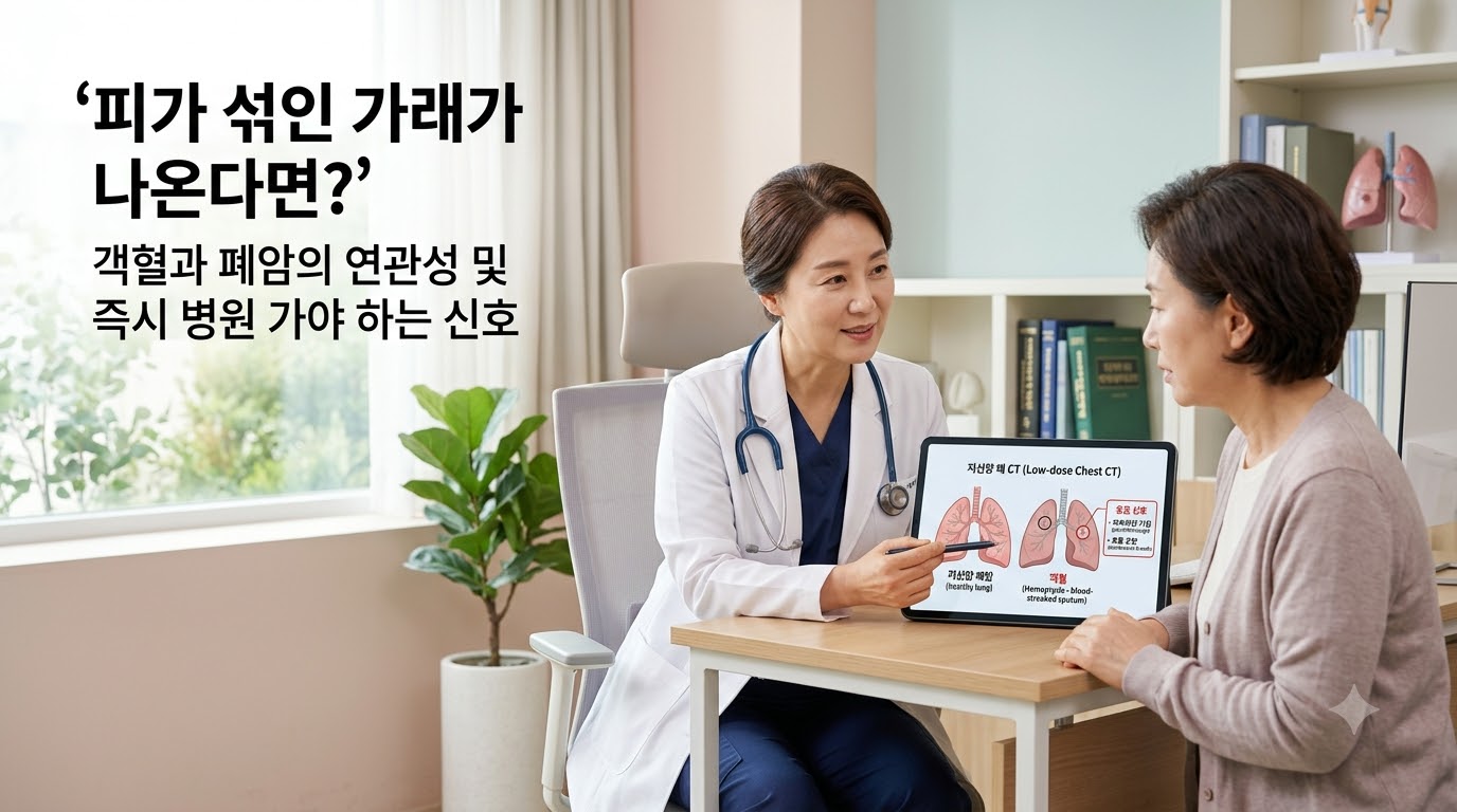 햇살이 은은하게 비치는 아늑하고 신뢰감 주는 진료실에서 의사와 환자가 밝고 차분한 표정으로 피가 섞인 가래(객혈)와 폐암의 연관성, 그리고 즉시 병원을 찾아야 하는 응급 신호 및 흉부 CT 검사의 중요성에 대해 이야기 나누고 있는 모습. '피가 섞인 가래가 나온다면?', '객혈과 폐암의 연관성 및 즉시 병원 가야 하는 신호'라는 문구가 적혀 있어, 객혈의 경각심과 신속한 조기 진단의 중요성을 시각화함.