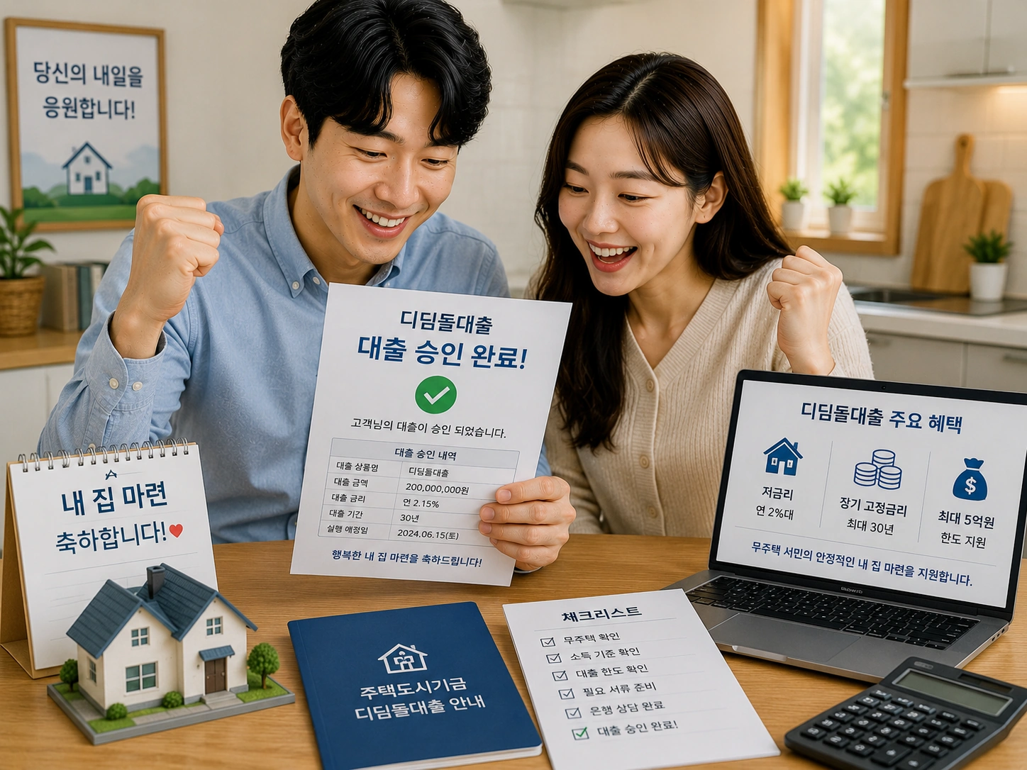 신혼부부가 디딤돌대출 승인서를 확인하며 내 집 마련 성공을 기뻐하는 모습