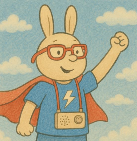 의인화된 토끼 캐릭터가 빨간색 안경과 푸른 슈퍼히어로 복장을 착용하고 있는 모습