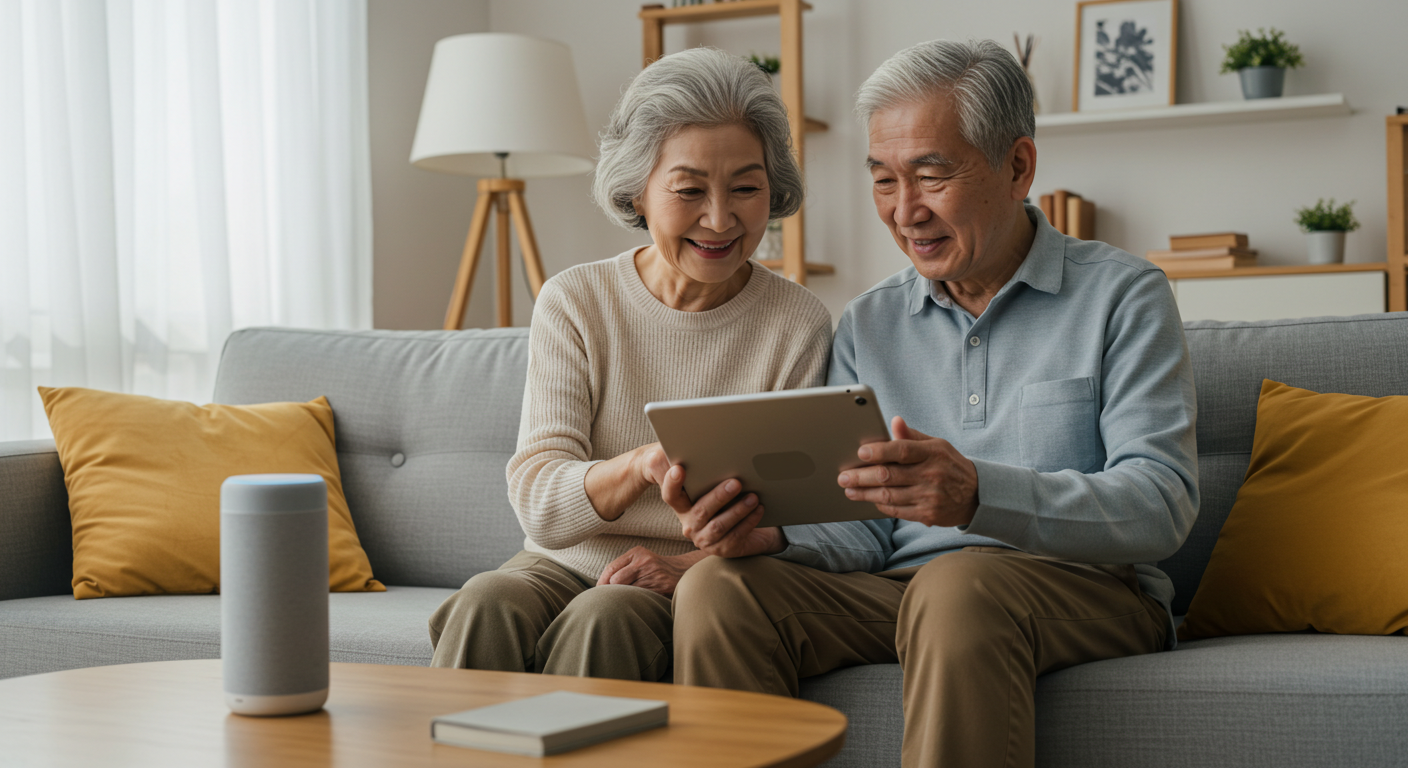 밝은 거실에서 동양인 시니어 부부가 스마트 스피커와 태블릿을 사용하며 즐겁게 대화하는 모습