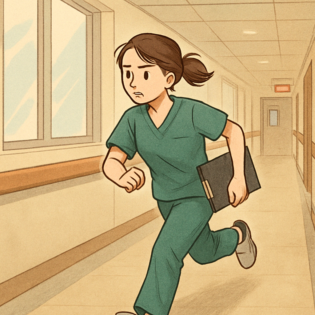 근무복을 입고 병원 복도를 뛰는 여자 간호사 사진