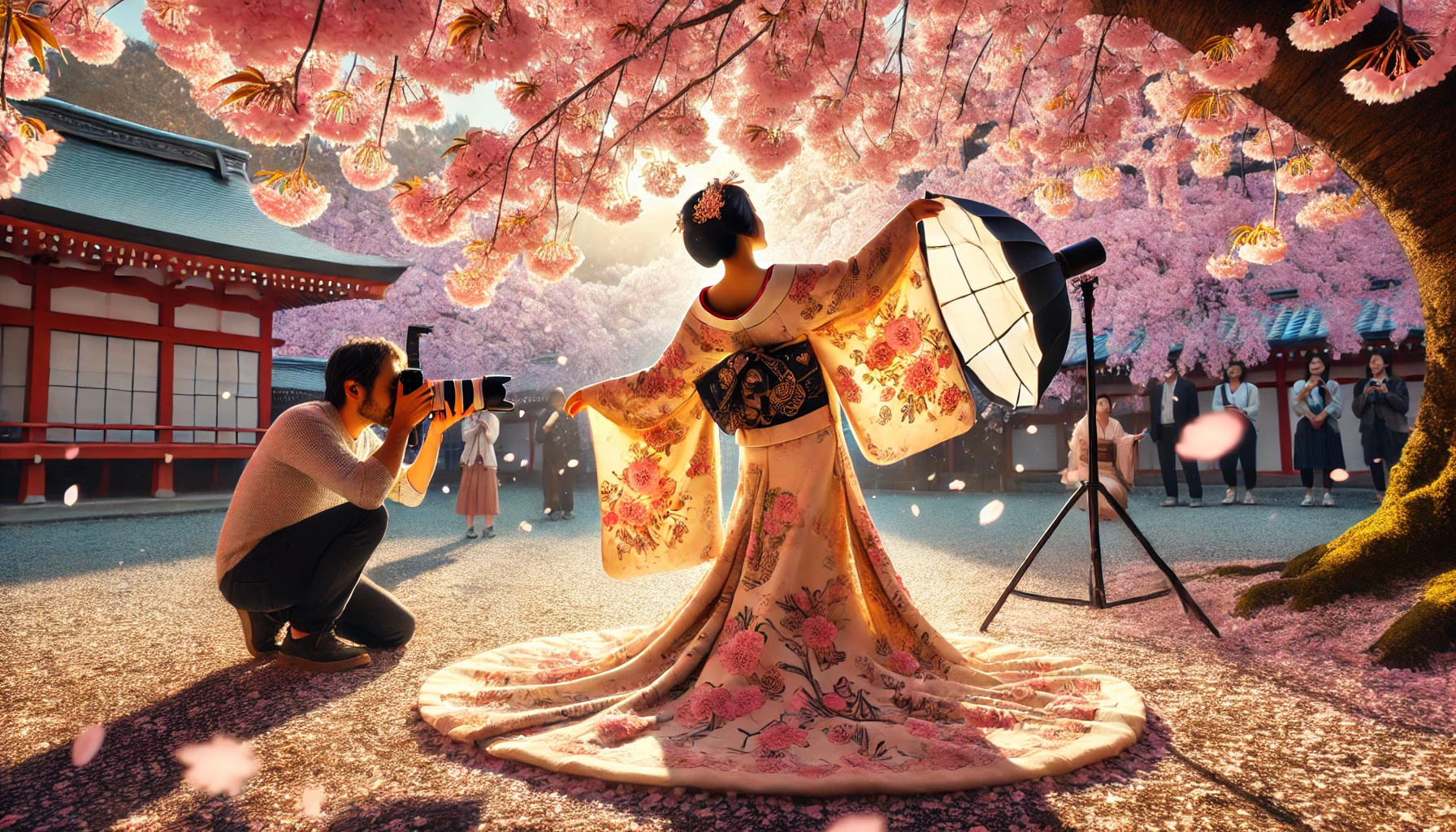 벚꽃 아래에서 기모노를 입고 사진을 찍는 모습