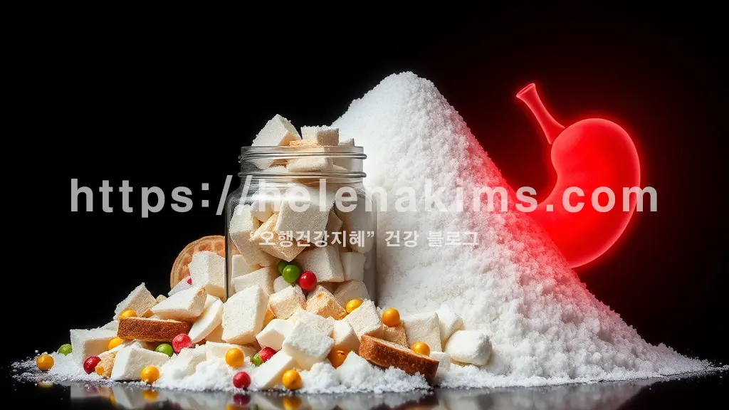 어두운 배경 중앙에 투명한 유리병에 담긴 정제 설탕, 흰 빵 조각, 알록달록한 가공 간식들이 과도하게 쌓여있는 모습.
그 옆으로 은은하게 빛나는 인간 췌장의 실루엣이 보이고, 설탕 더미에서 뿜어져 나오는 듯한 붉은색 기운이 췌장을 위협하며 압박하는 느낌을 연출한 이미지.