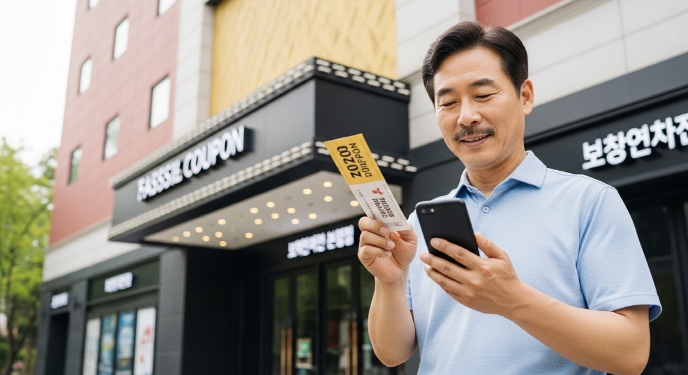 영화관 앞에서 모바일 할인 쿠폰 확인