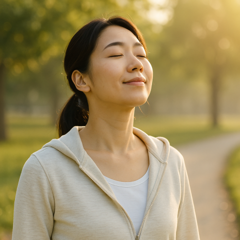 아침 햇살 속에서 건강 회복을 다짐하는 한국인 여성