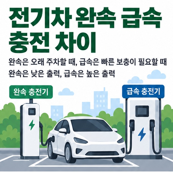 전기차 완속 급속 충전 차이라는 제목과 7kW 완속 충전기, 100kW 급속 충전기, 전기차 배터리를 함께 표현한 대표 이미지
