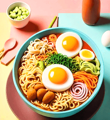 하늘색 그릇에 라면이 가득하다. 위에는 달걀 2개, 대파, 당근채 등이 가득 덮어있다.