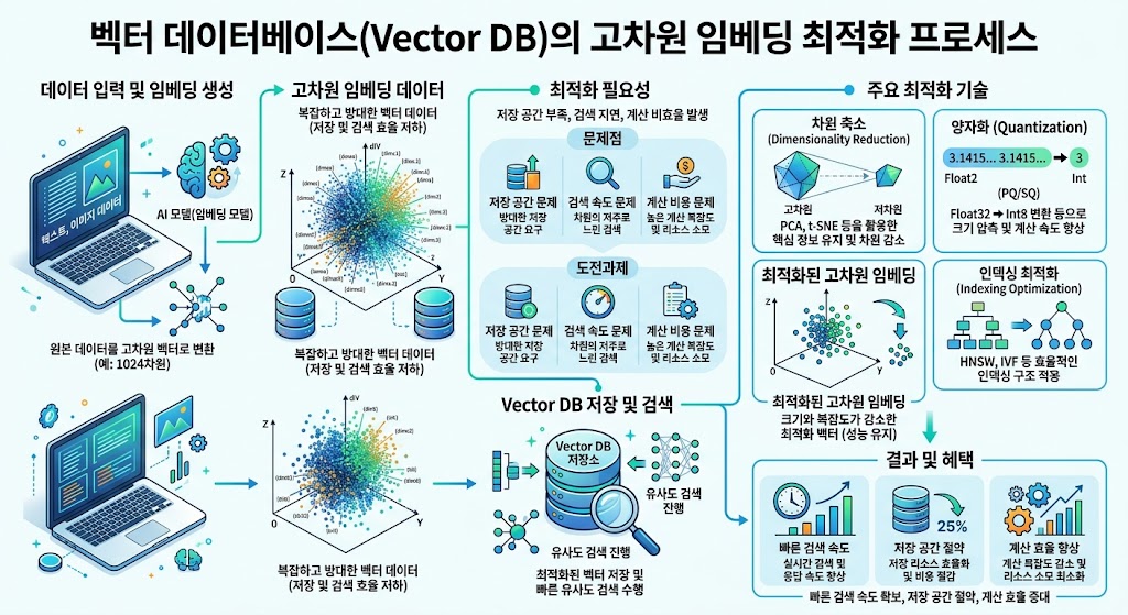 텍스트 청크가 수치화된 고차원 벡터 배열로 변환되어 벡터 데이터베이스(Vector DB)에 저장되는 과정
