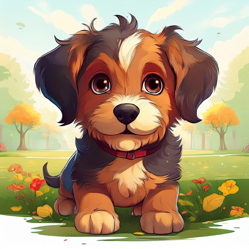 만화 스타일의 공원에서 노는 강아지