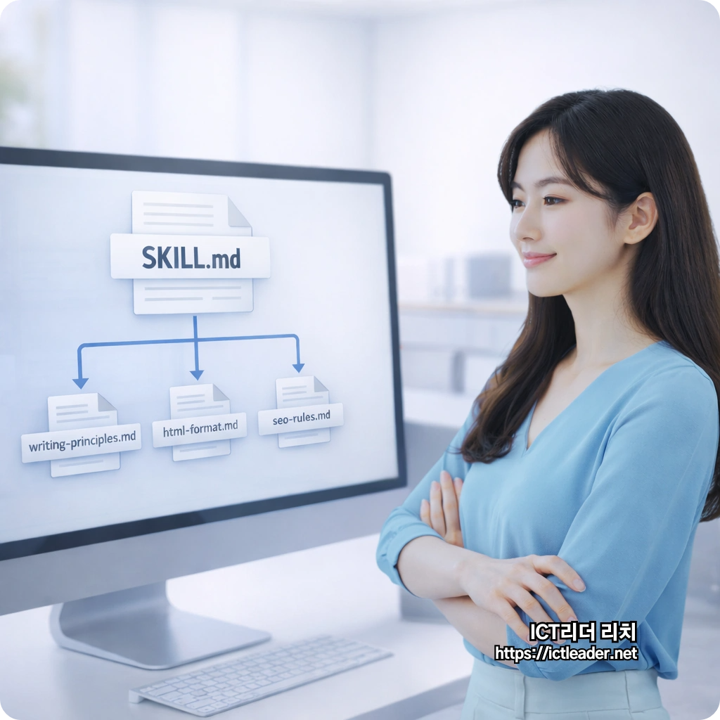 초봄 오피스룩을 입은 한국 여성 전문가가 SKILL.md 구조를 분석하는 Claude 블로그 자동화 대표 이미지