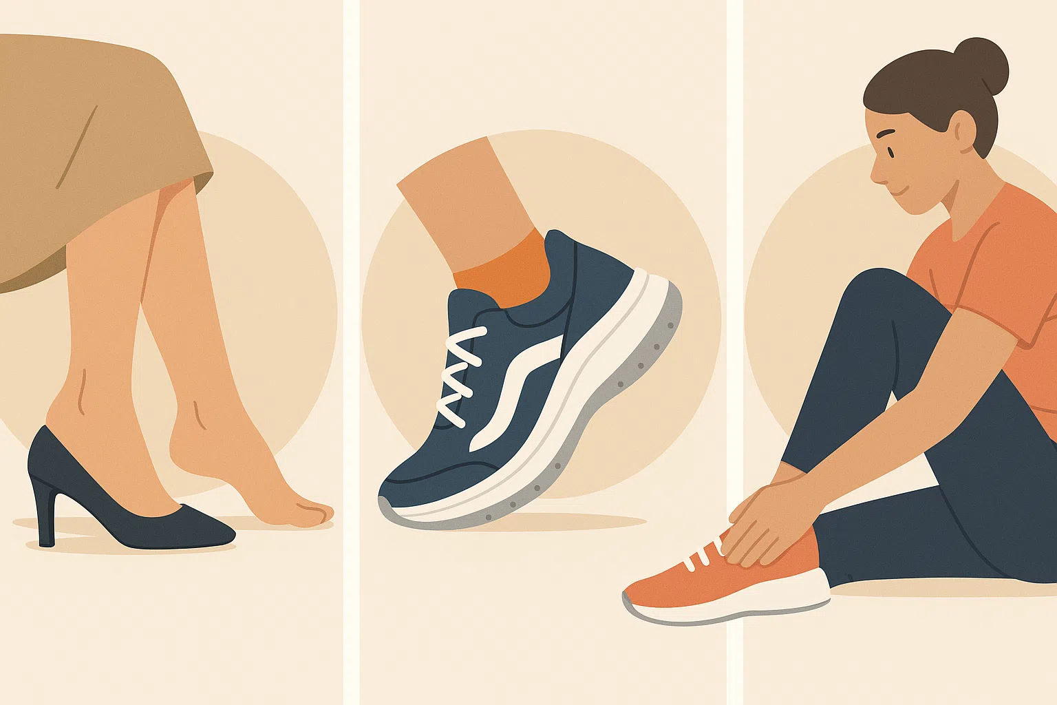 발목 스트레칭을 하는 사람, 쿠션감 있는 운동화를 신는 모습, 하이힐을 벗고 발을 쉬게 하는 장면