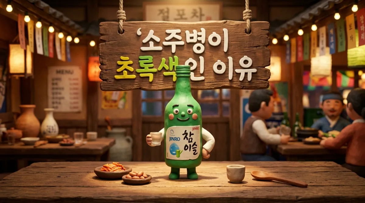 클레이 애니메이션 스타일로 표현된 귀여운 초록색 소주병 캐릭터가 한국 전통 술집 나무 테이블 위에 서 있고, 뒤편 나무 간판에 '소주병이 초록색인 이유'라는 한글 텍스트가 보이는 모습