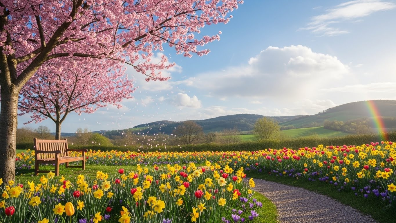 화사한 꽃들이 활짝 핀 봄날의 풍경
