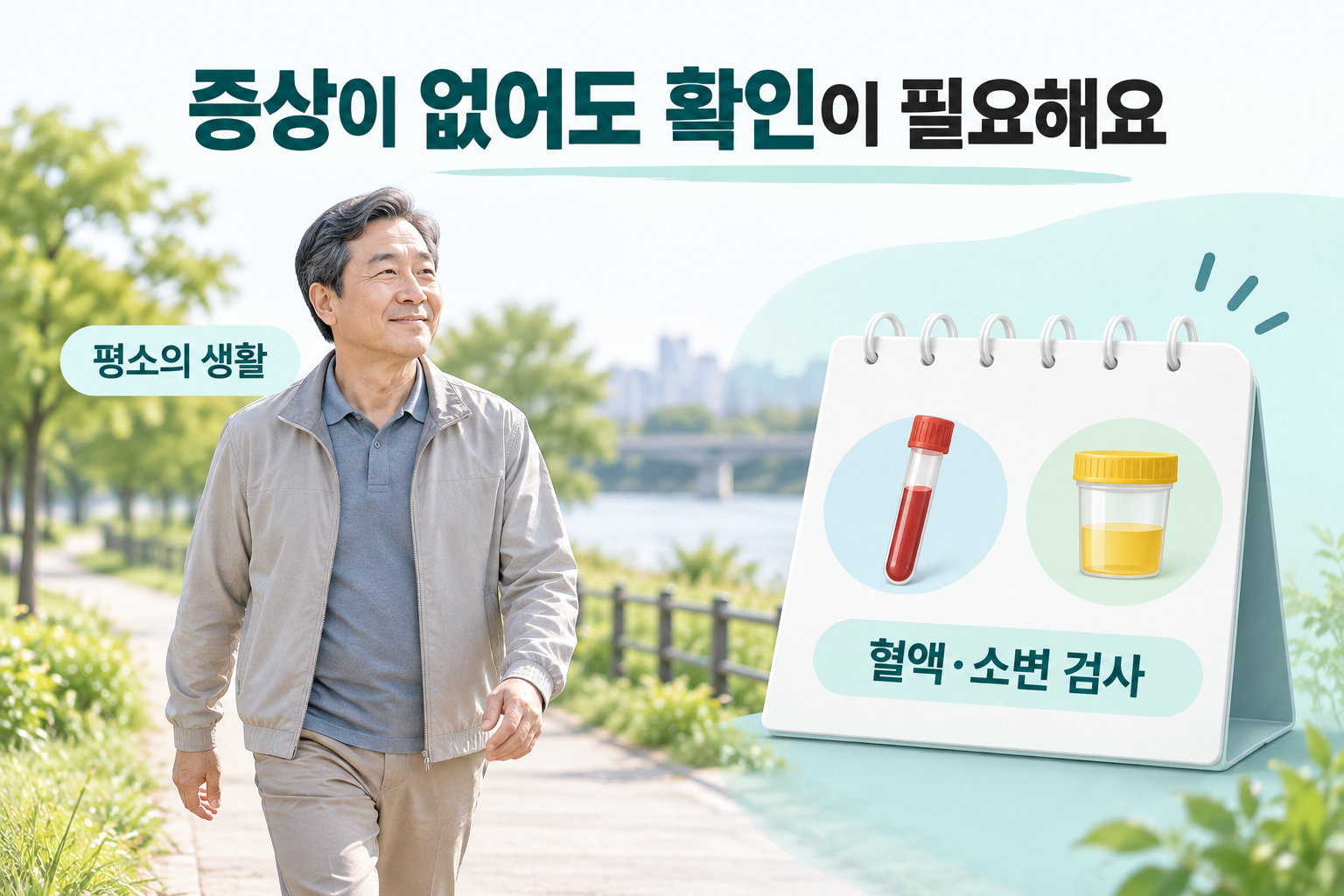 편안한 일상을 보내는 성인 옆의 혈액&middot;소변 검사와 날짜 없는 달력