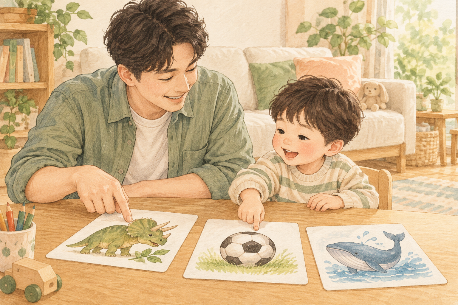아빠와 아이가 그림 카드를 보며 이야기하는 모습