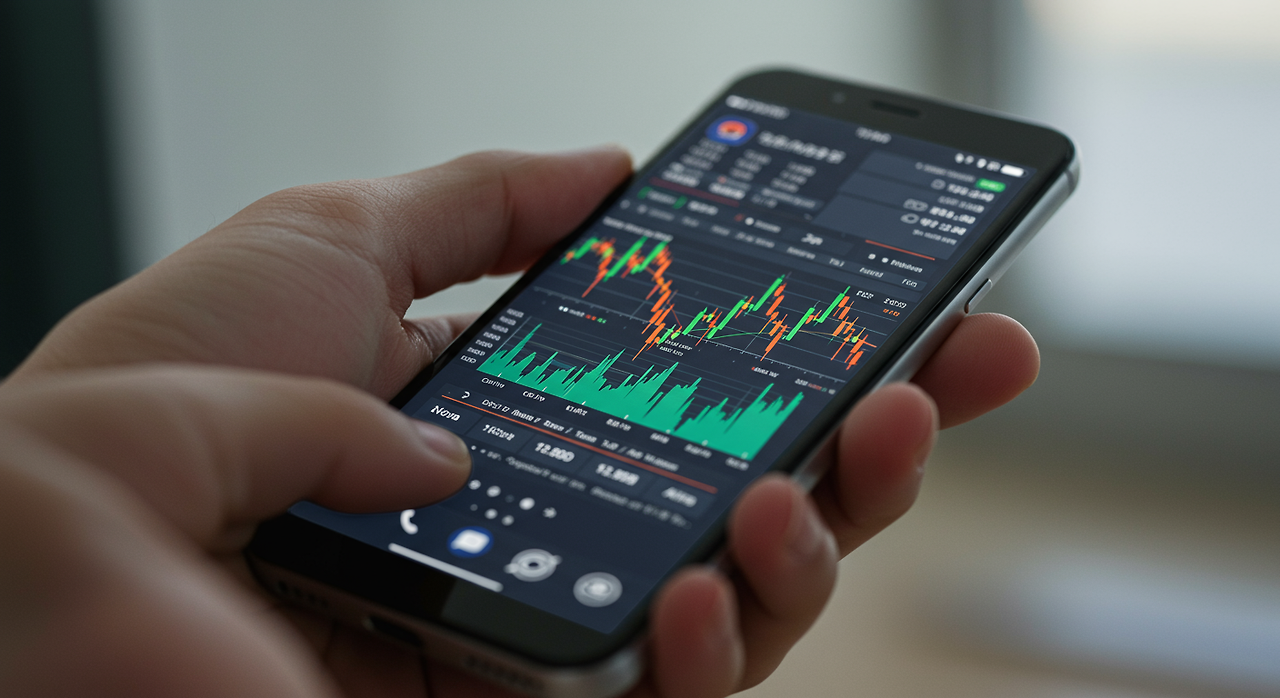 사용자 친화적인 주식 거래 앱 인터페이스가 보이는 스마트폰 화면을 들고 있는 투자자의 손