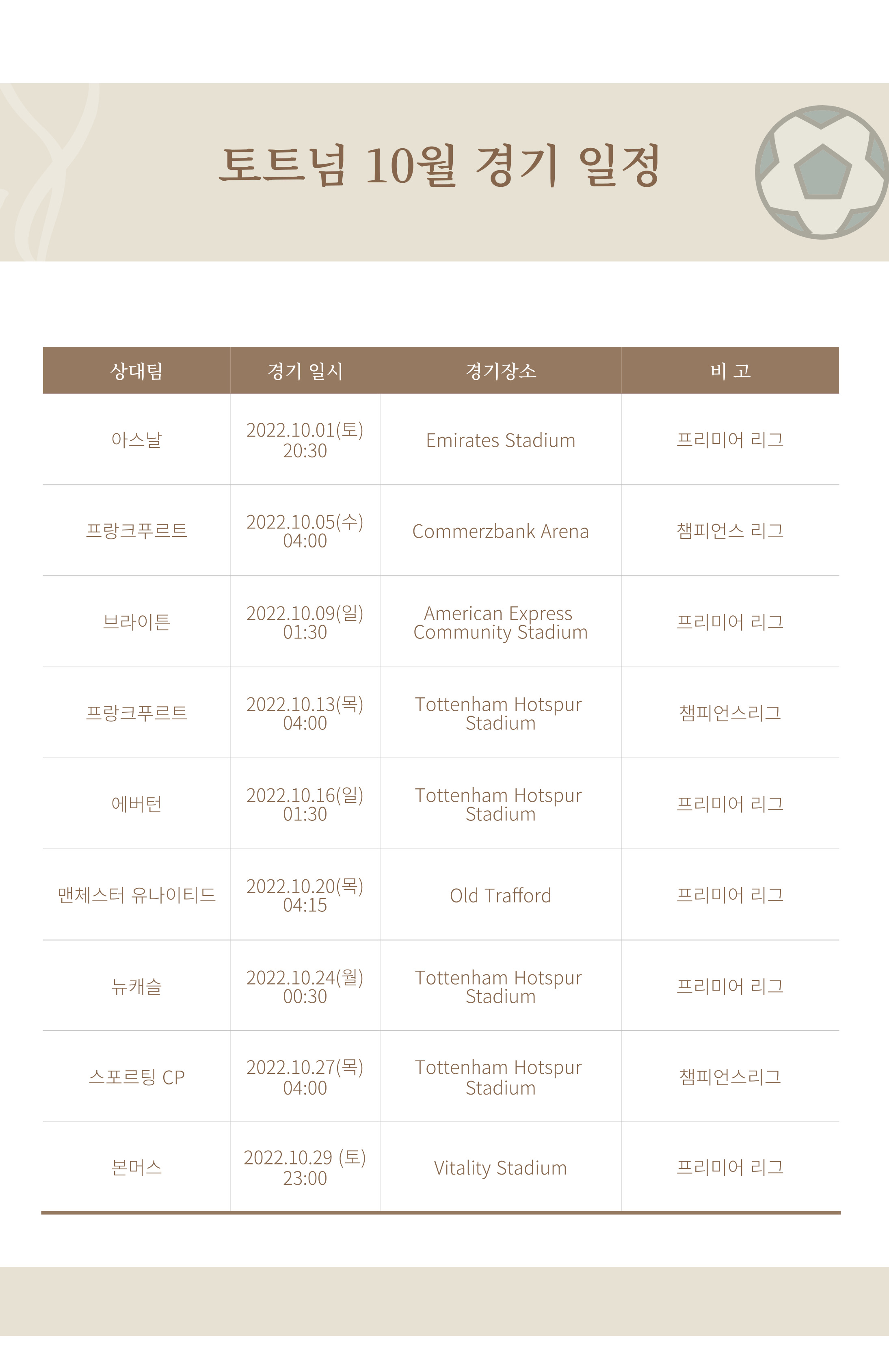 토트넘 10월 경기 일정표