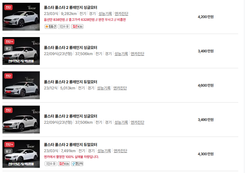 폴스타 2 중고차 가격 시세표 유지비