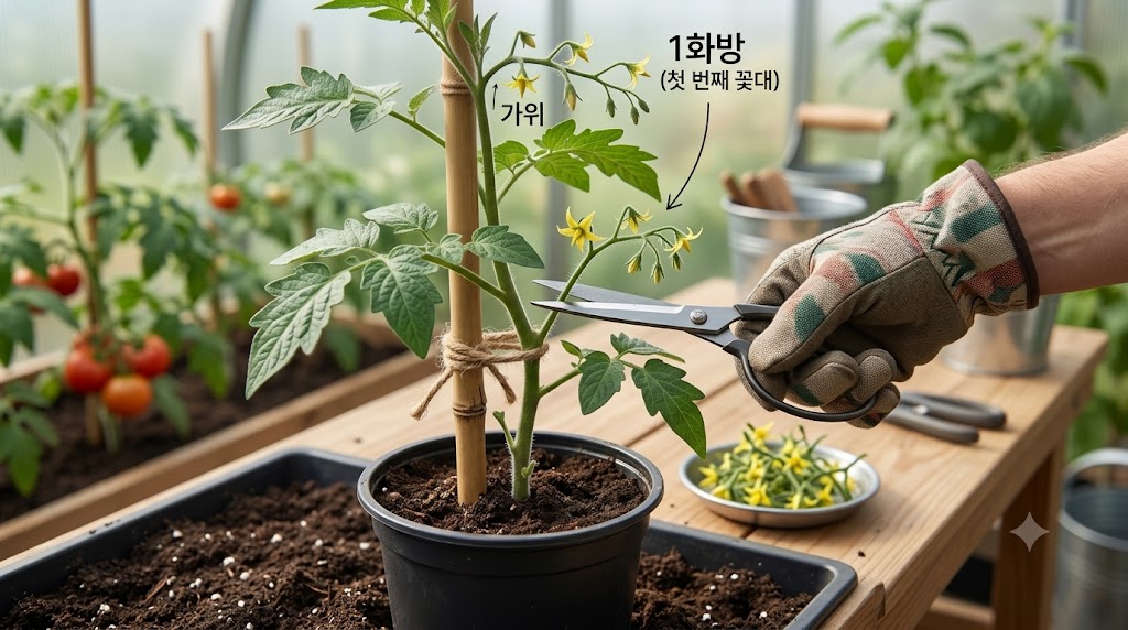 나무젓가락보다 가늘게 자란 방울토마토 원줄기에서 처음 피어난 노란 꽃대 뭉치를 가위로 깔끔하게 잘라내는 손길