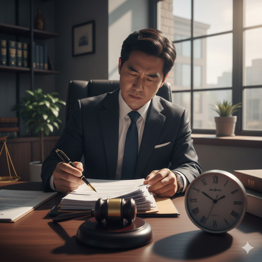 변호사가 명도소송 서류를 신중하게 검토하는 모습