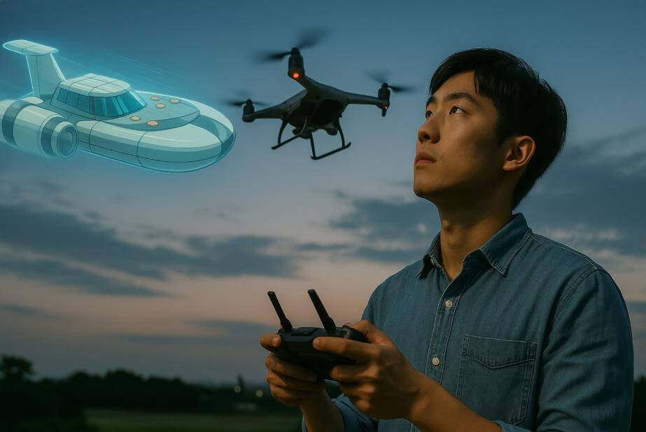 청년이 드론을 조종하며 제비호를 바라보는 장면