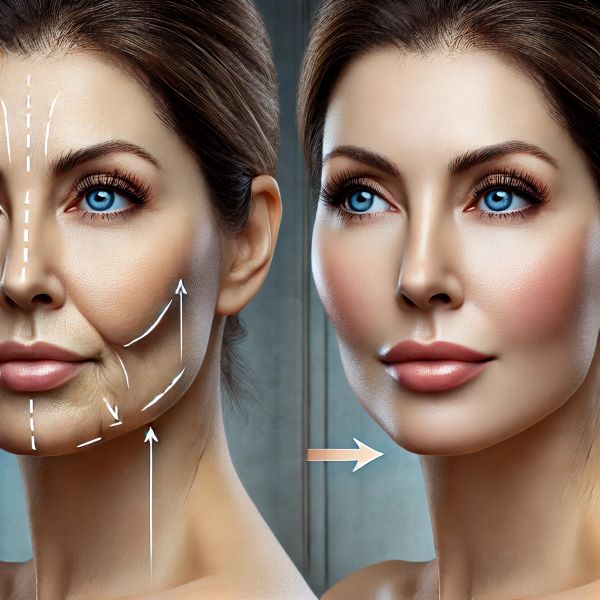 실리프팅 시술 전후 비교 이미지. 왼쪽은 이중턱과 처진 턱선이 보이는 옆모습, 오른쪽은 리프팅 후 또렷하고 탄력 있는 얼굴 윤곽이 강조된 모습.