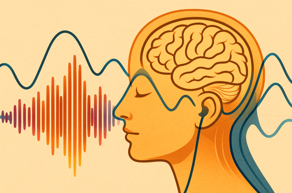 음파 그래프와 뇌파가 겹쳐진 일러스트로, 음악이 두뇌에 작용하는 시각적 표현