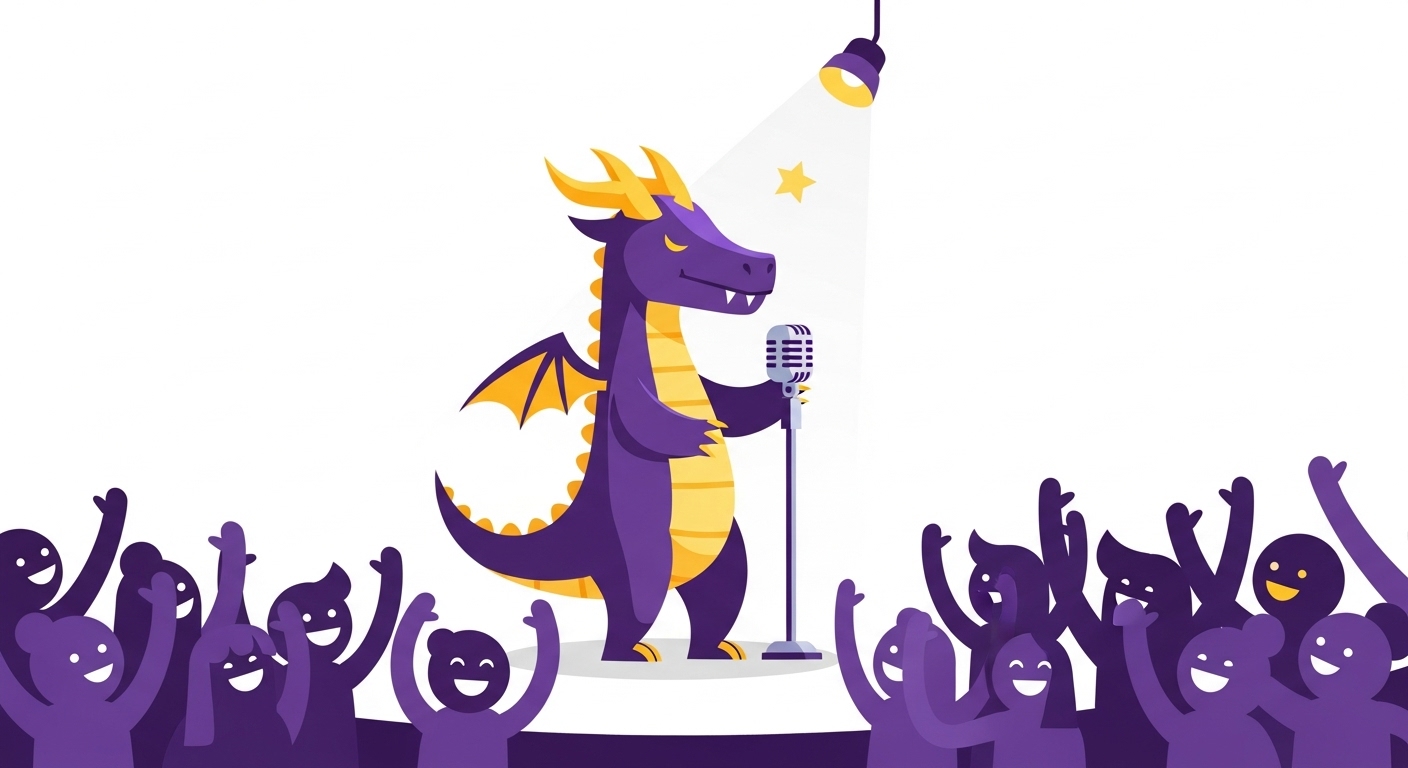 스포트라이트를 받으며 무대 위에서 공연을 펼치고 관객을 사로잡는 스타 용 캐릭터 일러스트