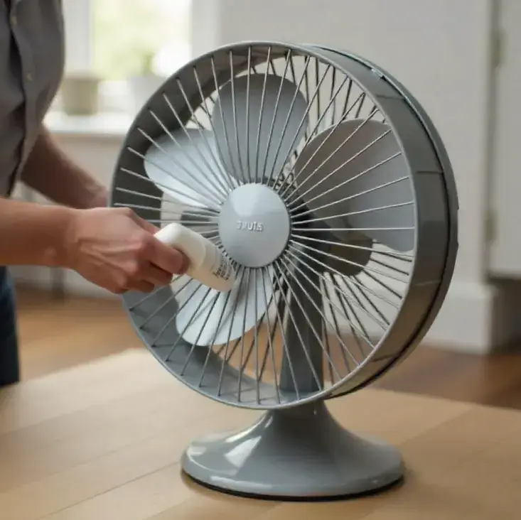 여름철 선풍기 청소법에 따라 회색 선풍기 날개와 커버를 분해하지 않고 먼지 제거 도구로 닦는 모습