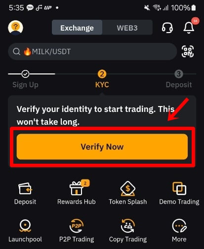 Verify Now 노란색 버튼을 화살표로 가리키고 있다.
