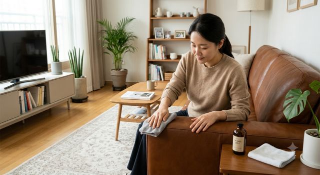 브라운 가죽 소파를 부드러운 천으로 닦으며 관리하는 모습