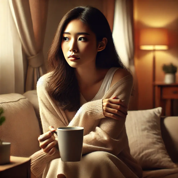 불안한 감정을 안고 조용히 앉아 있는 동양인 여성의 모습