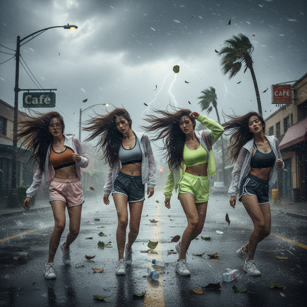 태풍에 힘들어하는 여성들