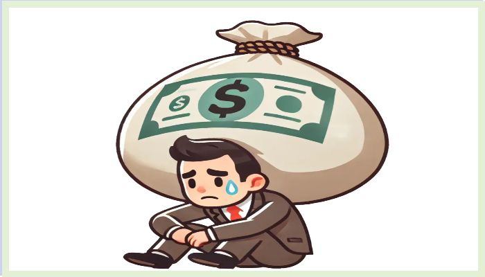 커다란 돈자루에 짓눌린 채 무릎을 꿇고 앉아 눈물을 흘리는 남성의 모습에서 극심한 채무 고통을 직관적으로 보여주는 일러스트
