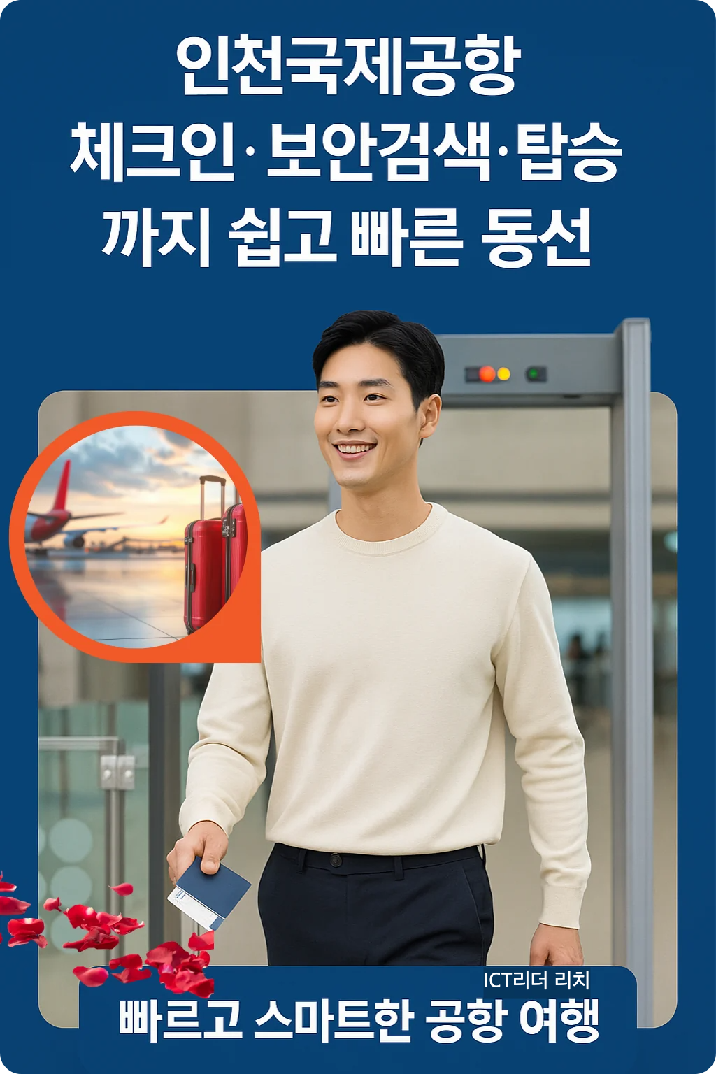 인천공항 보안검색대를 통과하는 남성 여행자 인포그래픽