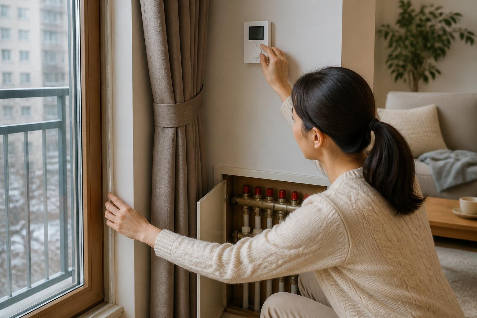 창문 단열과 분배기 조절로 난방비를 관리하는 모습