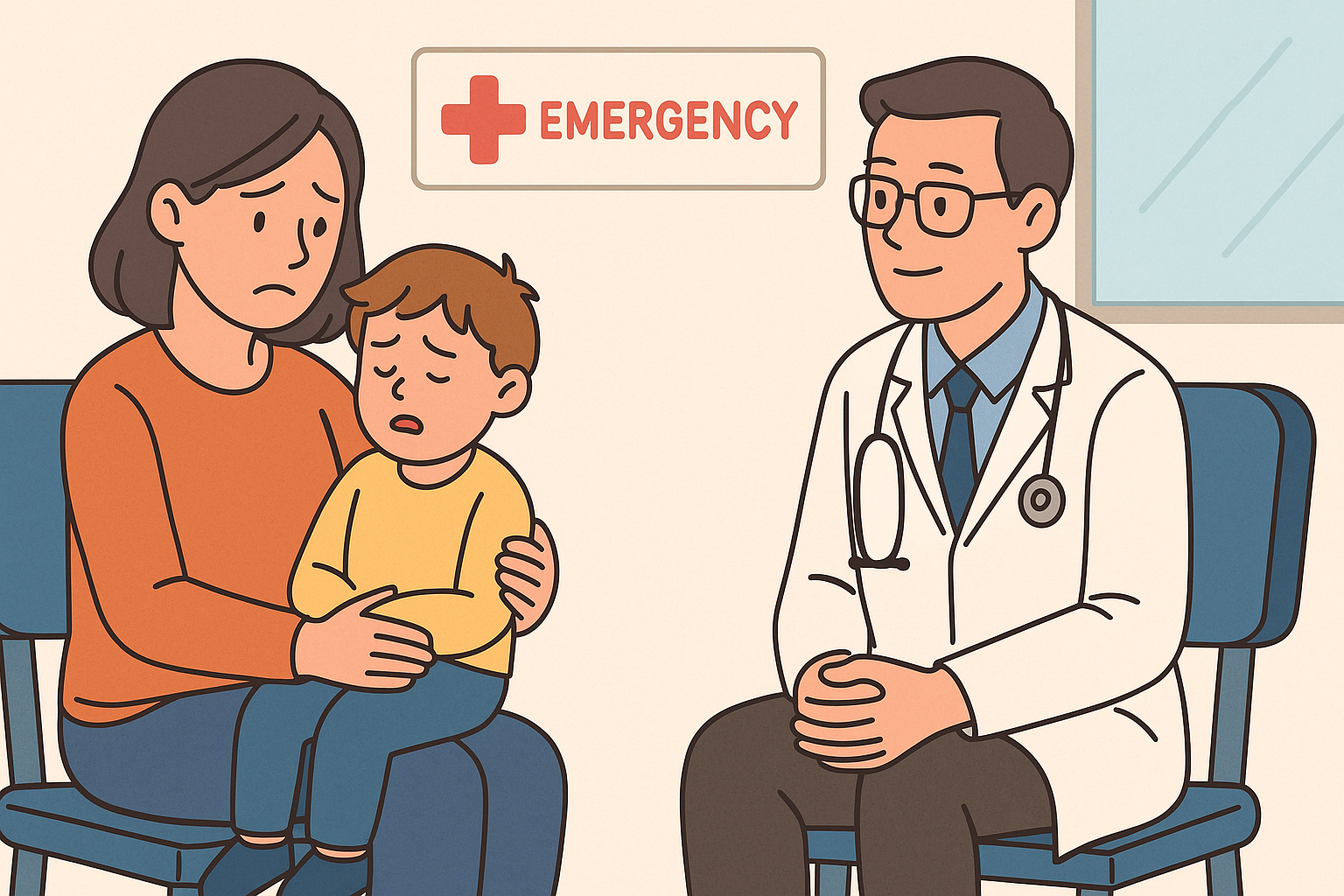 응급실에서 의사와 상담 중인 엄마와 경련 증세의 아이를 묘사한 일러스트 – 병원 진료 필요 상황을 시각화