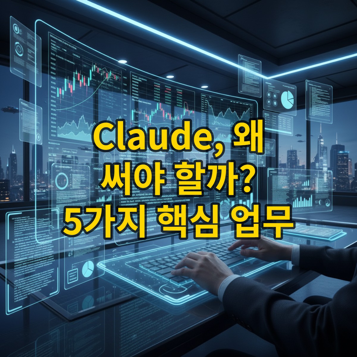 프로그래머의 손이 코드를 입력하고 금융 차트와 디지털 문서가 보이는 미래형 작업 공간. Claude의 코딩, 금융 분석, 문서 처리 강점을 나타내는 이미지.