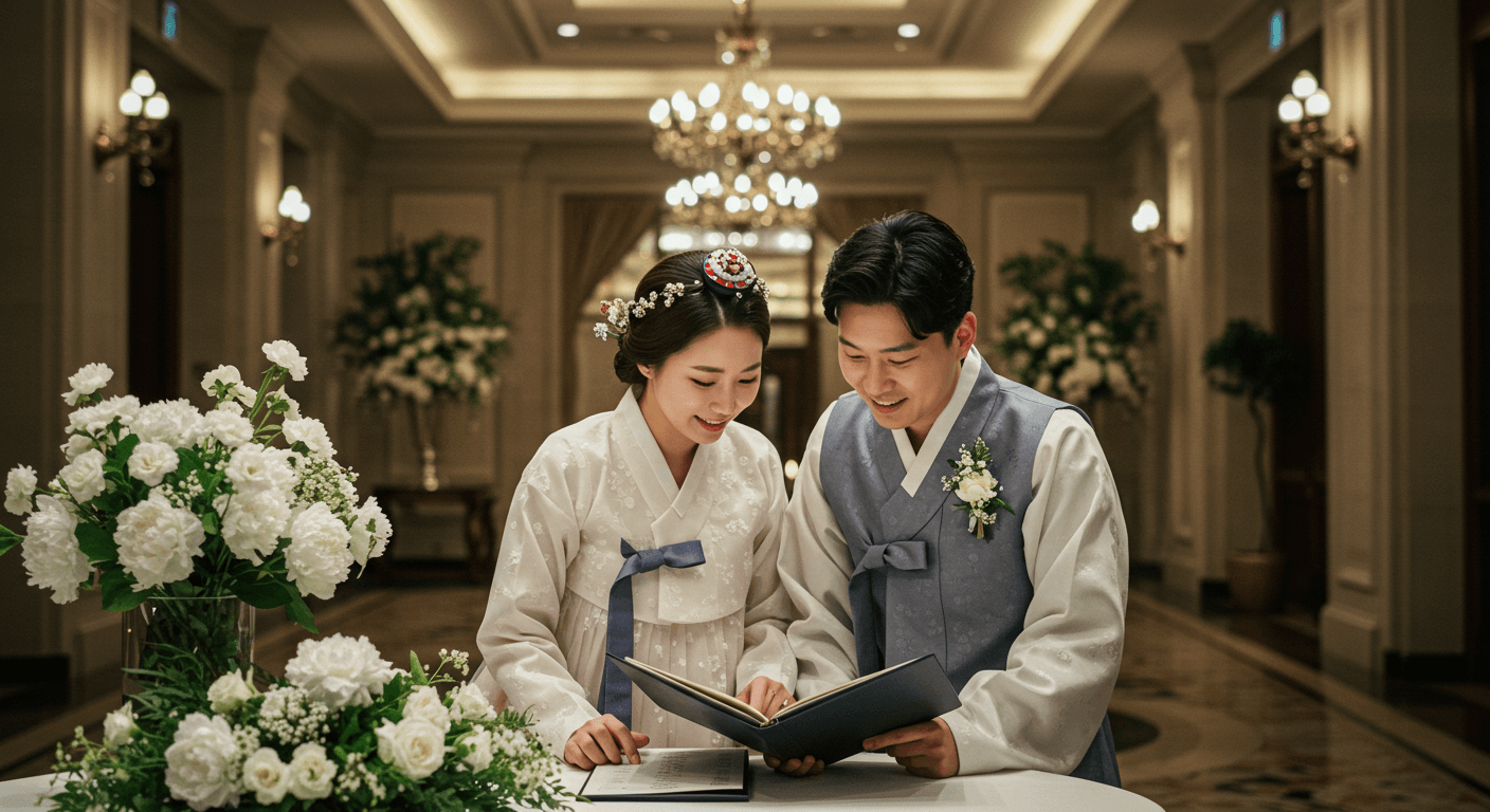 한국 신랑신부가 웨딩홀 메뉴를 확인하는 장면